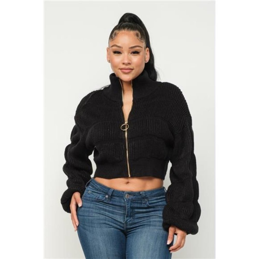 Women's Soft, Warm, Black, Cropped Michelin Sweater Top With Front Zipper